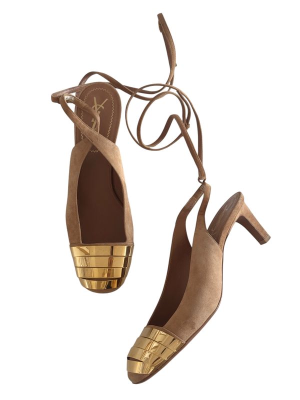 YVES SAINT LAURENT YSL VINTAGE BROWN SUEDE WRAP HEELS WITH METAL DETAILING / IT 37