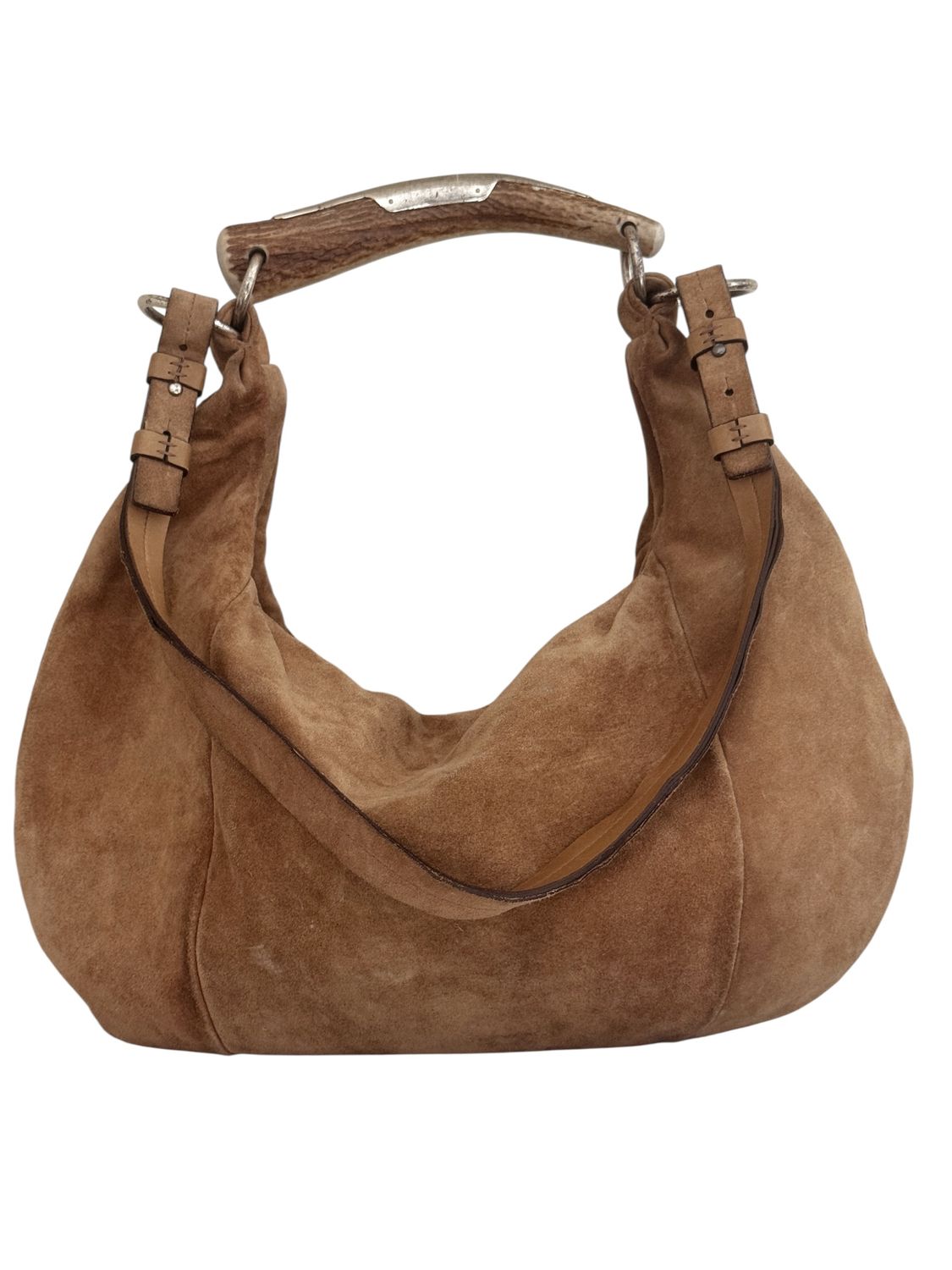 YVES SAINT LAURENT YSL VINTAGE BROWN SUEDE LEATHER MOMBASA HORN HANDLE HOBO BAG