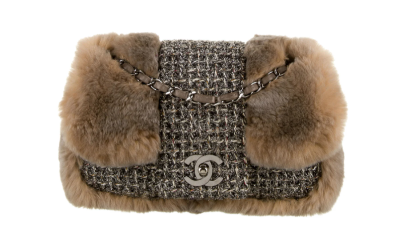CHANEL CC TURNLOCK REAL FUR TWEED CLASSIC FLAP SHOULDER BAG