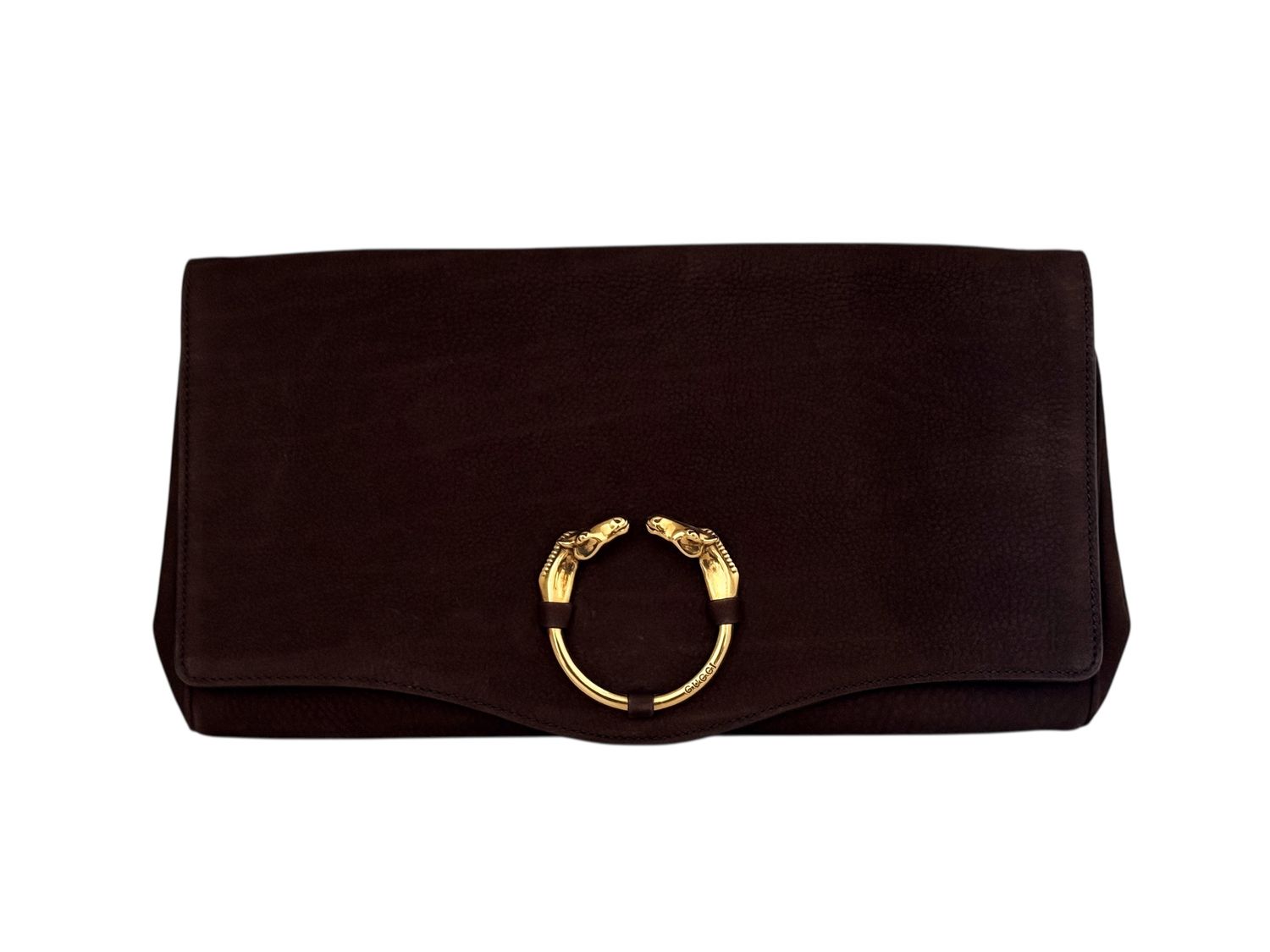 GUCCI VINTAGE BROWN SUEDE LEATHER HORSE HEAD OVERSIZED BAG CLUTCH