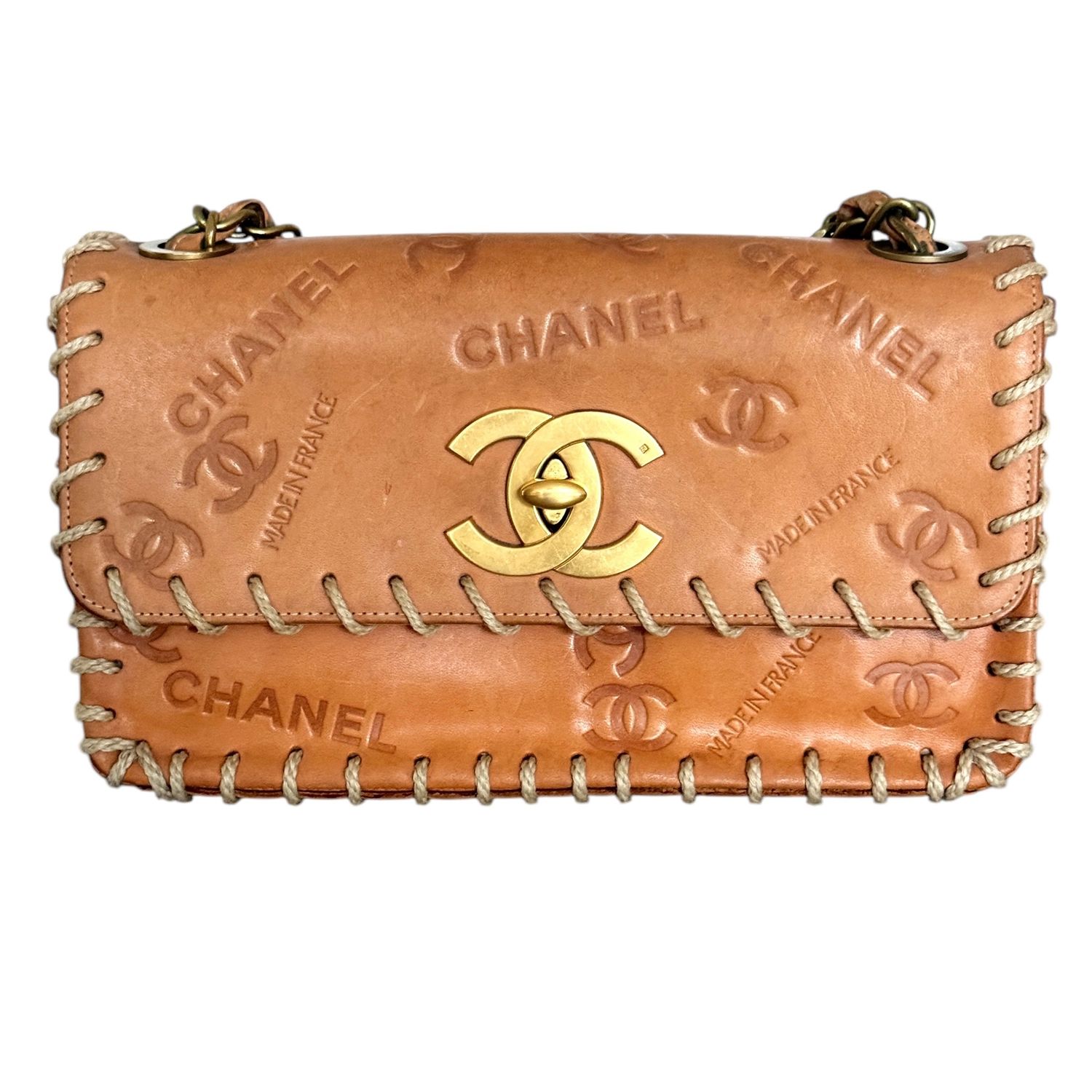 CHANEL VINTAGE CC EMBOSSED LOGO NATURAL LEATHER FLAP SHOULDER BAG