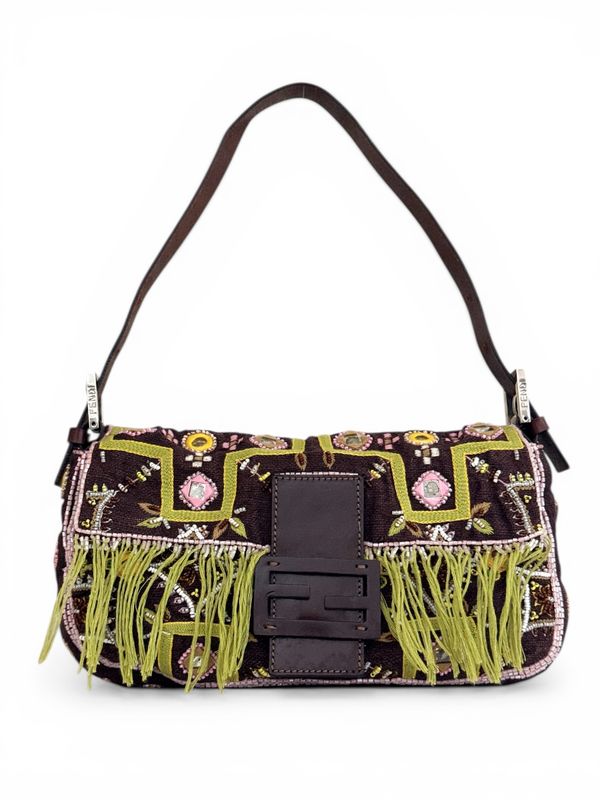 FENDI VINTAGE EMBROIDERED MIRROR BAGUETTE SHOULDER BAG