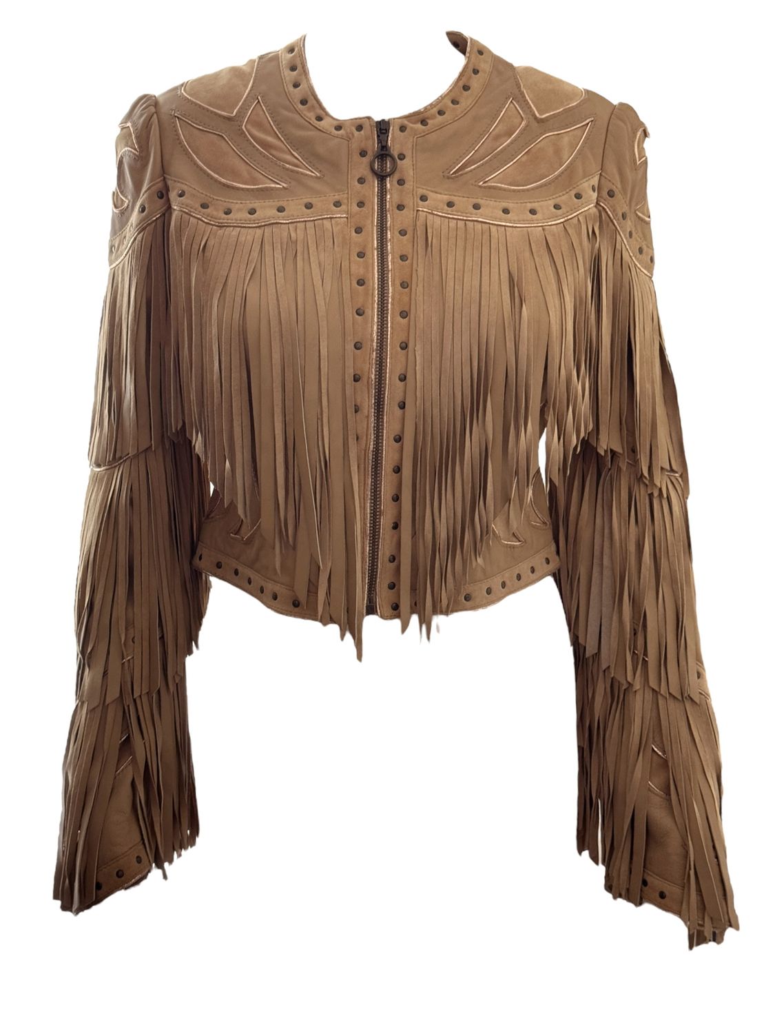 ROBERTO CAVALLI VINTAGE WESTERN CROPPED LEATHER FRINGE STUDDED JACKET