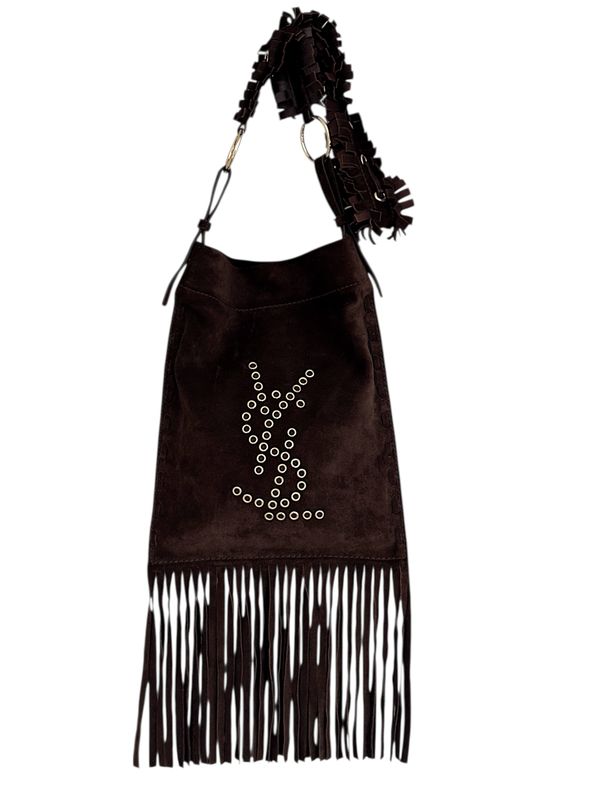 YVES SAINT LAURENT YSL STUDDED LOGO SUEDE LEATHER FRINGE SHOULDER BAG