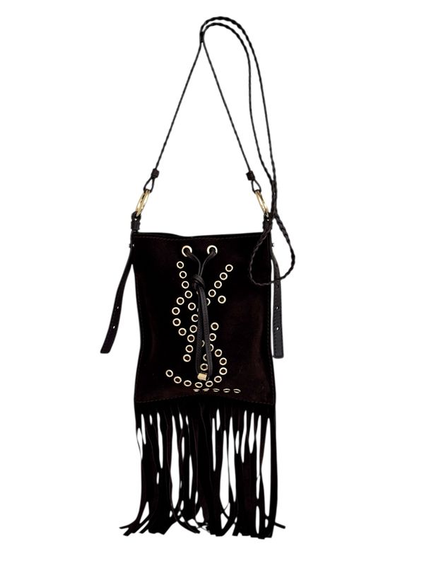 YVES SAINT LAURENT YSL MINI STUDDED LOGO SUEDE LEATHER FRINGE SHOULDER BAG