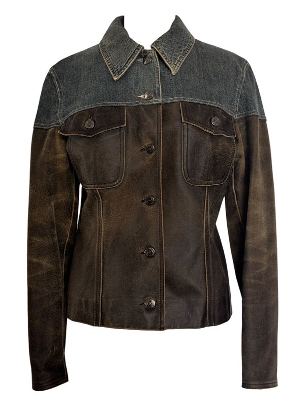 CHANEL VINTAGE BROWN LEATHER DENIM JACKET FR 38