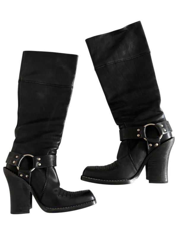 CHRISTIAN DIOR VINTAGE WESTERN HARNESS COWBOY BOOTS W SQUARE TOE - GALLIANO ERA / IT 37