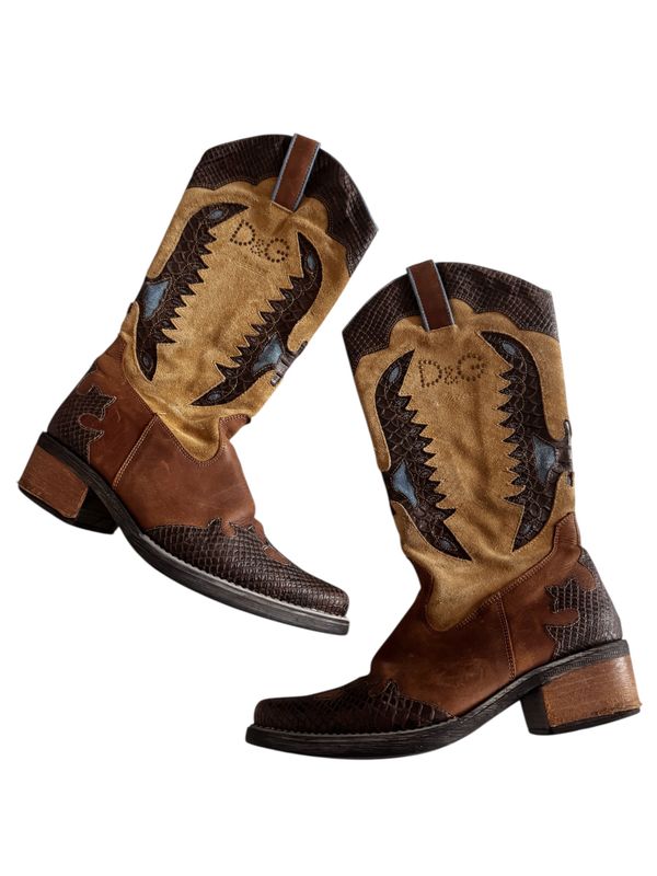 DOLCE &amp; GABBANA D&amp;G SUEDE LEATHER INLAY WESTERN BOOTS / IT 38