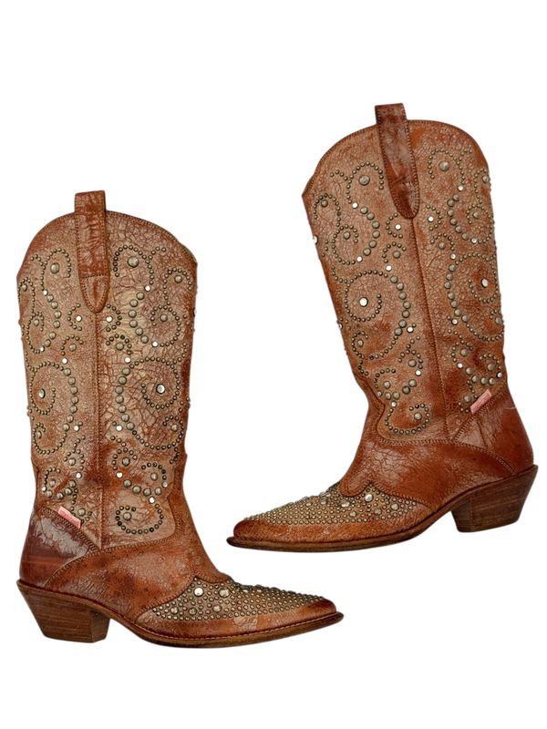 ROBERTO CAVALLI VINTAGE STUDDED LEATHER WESTERN BOOTS / IT 37