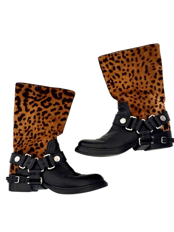 MIU MIU CHEETAH PRINT PONY HAIR HARNESS WESTERN BOOTS / IT 37
