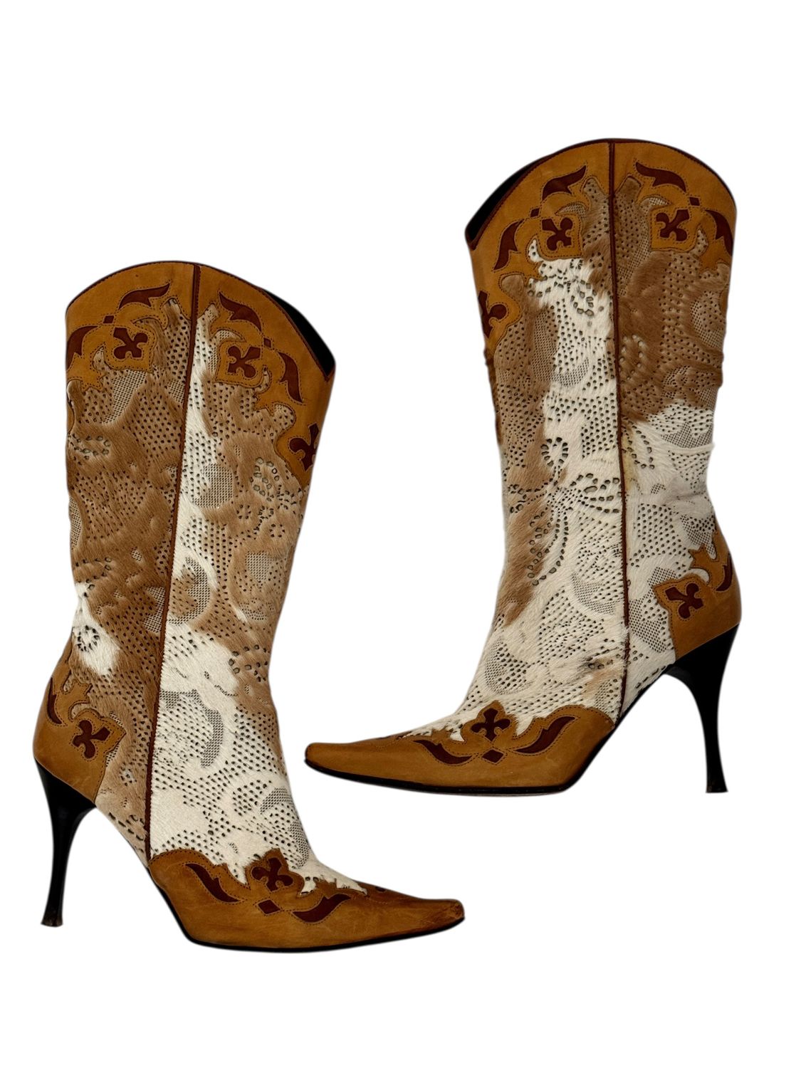 VINTAGE ANIMAL PRINT PONY HAIR POINTED TOE WESTERN BOOTS / US 8.5