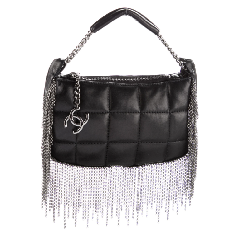 CHANEL VINTAGE BLACK LEATHER QUILTED CC CHAIN FRINGE MINI HOBO BAG