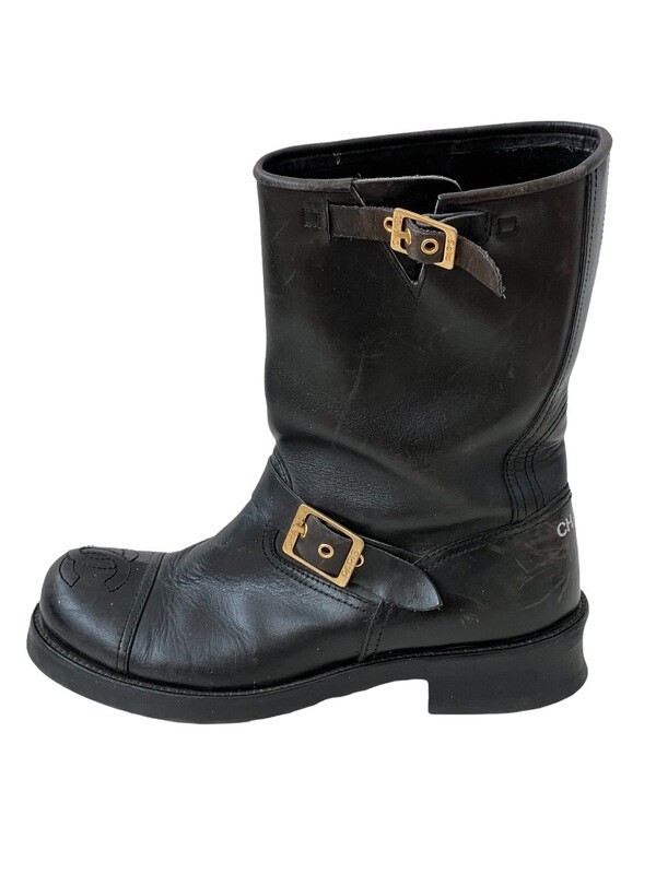 CHANEL VINTAGE 90's CC LOGO BLACK LEATHER MOTORCYCLE COMBAT BOOTS IT 39
