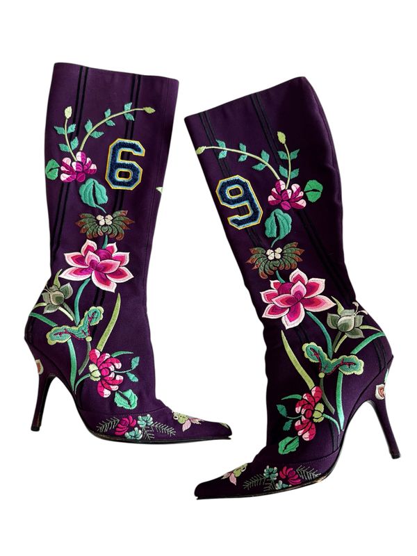 DIOR VINTAGE KOI EMBROIDERED TALL BOOTS JOHN GALLIANO Y2K ERA / IT 37.5