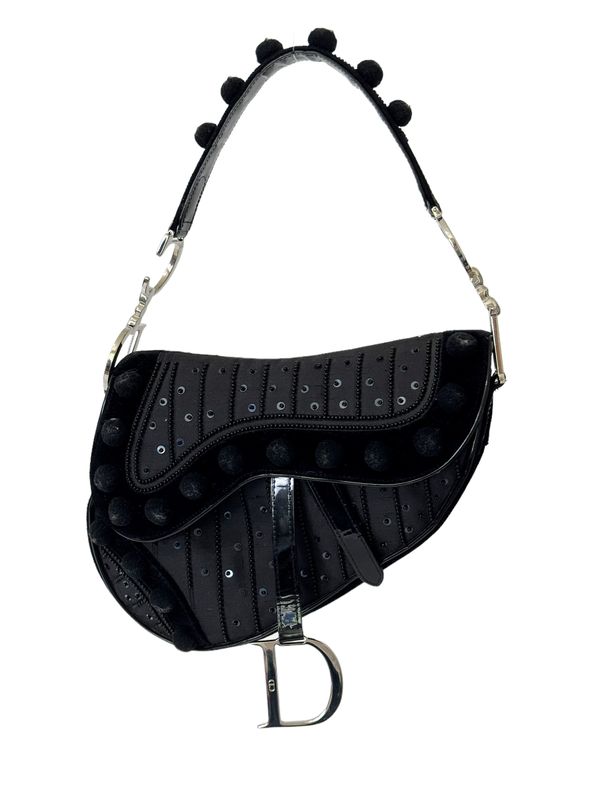 CHRISTIAN DIOR VINTAGE BLACK POM POM SADDLE BAG / RARE LIMITED EDITION