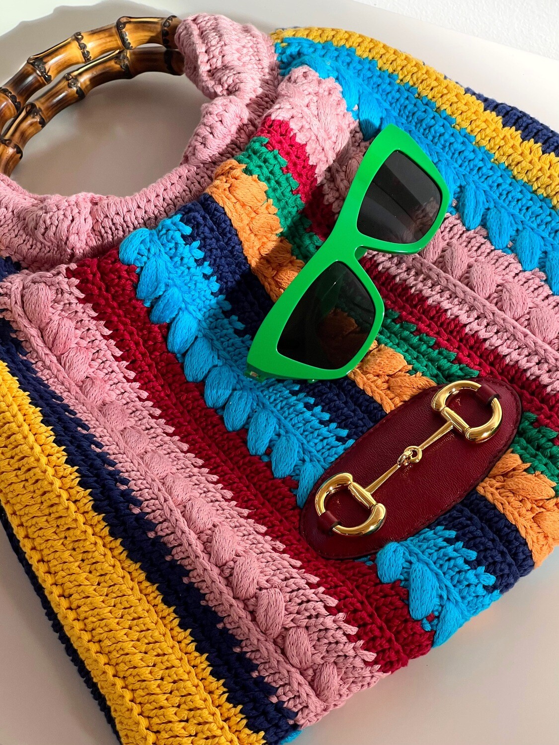 GUCCI RAINBOW GUCCI CROCHET BAMBOO HANDLE 1955 TOTE