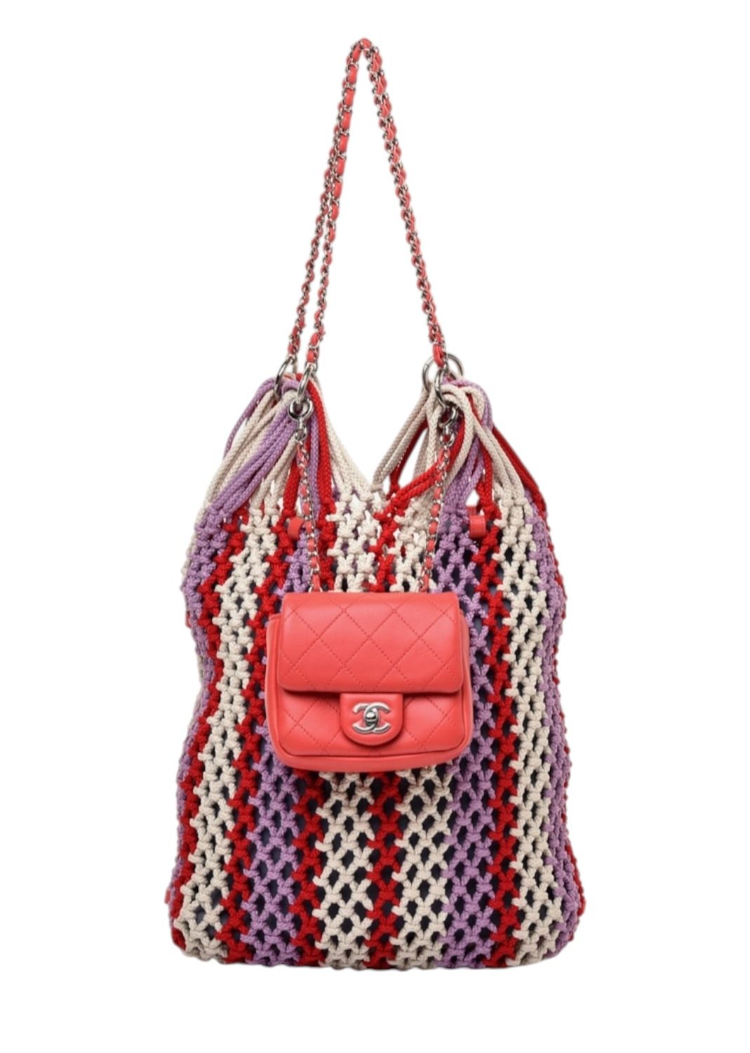 CHANEL LARGE WOVEN CROCHET TOTE WITH LEATHER MINI FLAP CC BAG