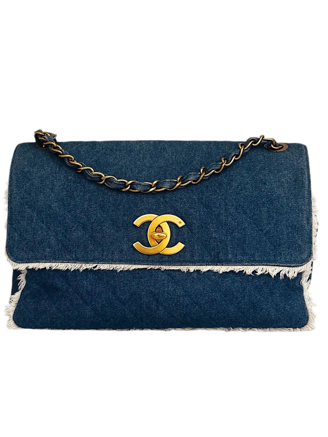 CHANEL VINTAGE FRINGE DENIM MAXI JUMBO SINGLE FLAP BAG