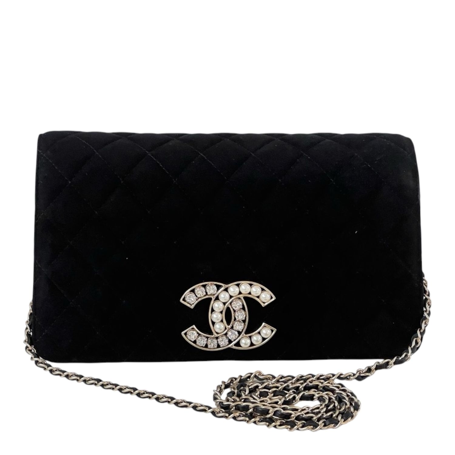 CHANEL BLACK QUILTED SUEDE SHOULDER BAG FLAP ADORNED WITH CC IN PEARLS AND RHINESTONES