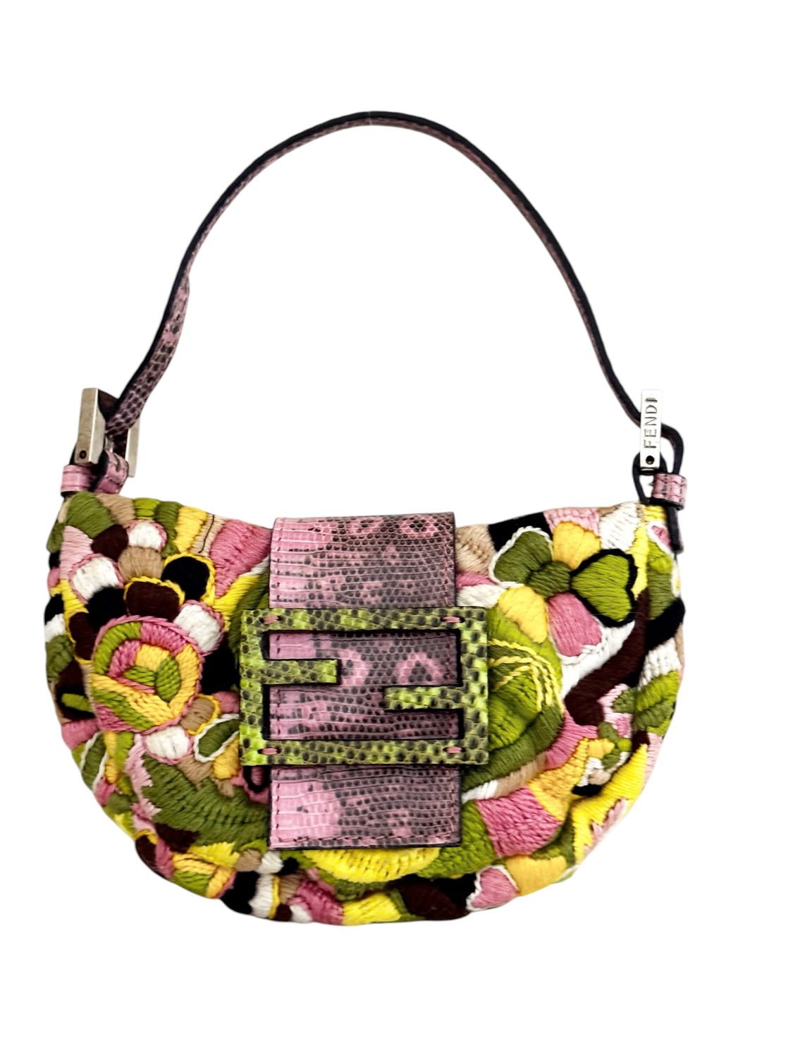 FENDI VINTAGE EMBROIDERED FLORAL AND PYTHON MINI MOON CROISSANT BAG