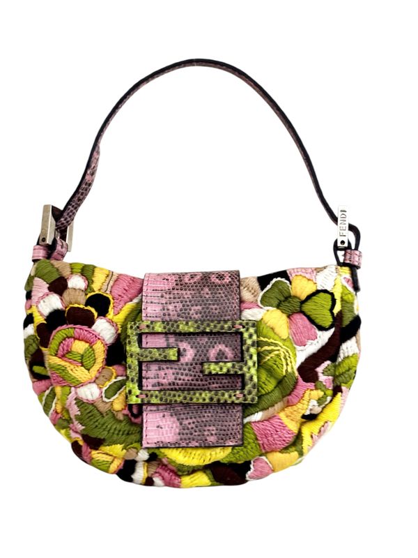 FENDI VINTAGE EMBROIDERED FLORAL AND PYTHON MINI MOON CROISSANT BAG