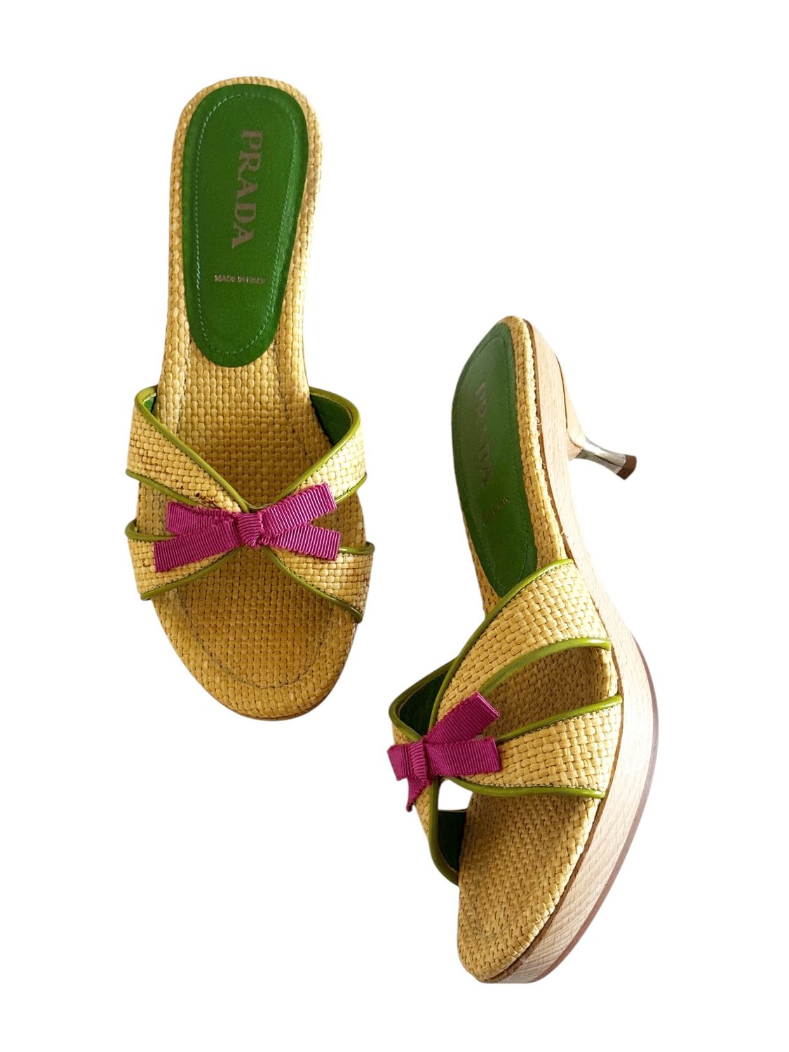 PRADA VINTAGE RAFFIA PINK BOW MULES HEELS / IT 38