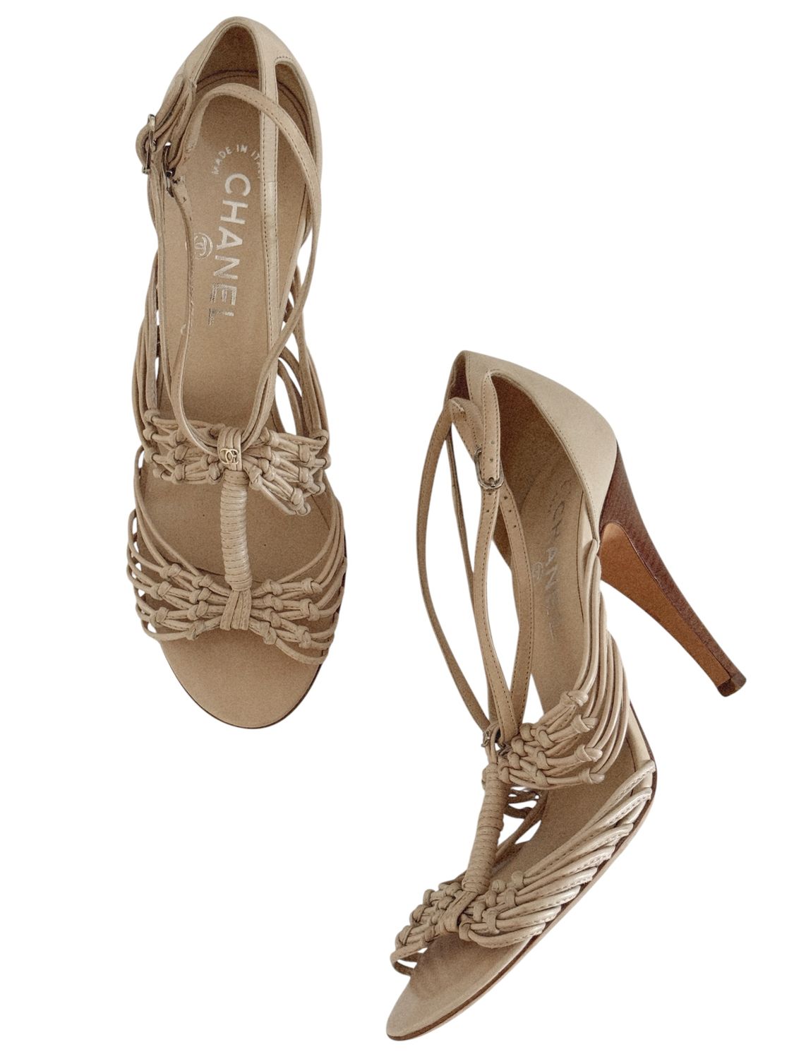 CHANEL VINTAGE LEATHER CC CHARM KNOT SANDALS HEELS / IT 39