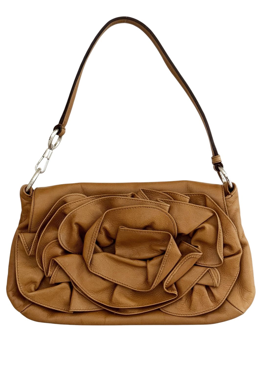 VINTAGE YVES SAINT LAURENT YSL BROWN LEATHER ROSE FLOWER SHOULDER BAG