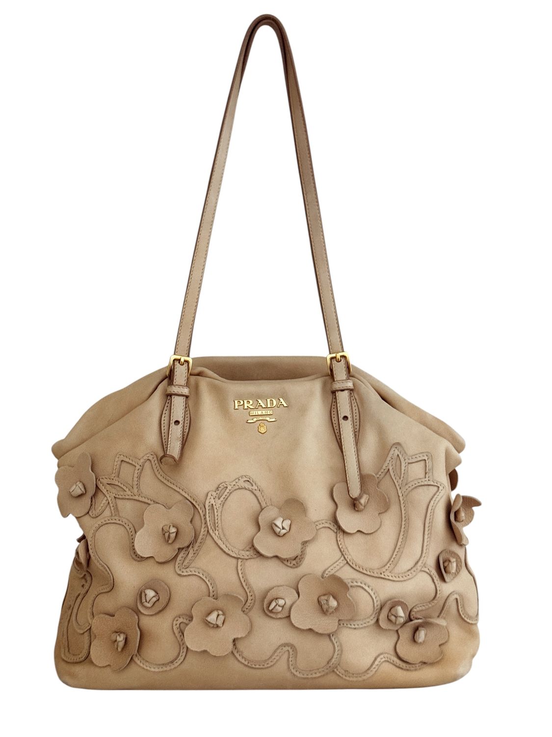 PRADA LARGE LEATHER FLORAL SHOULDER BAG