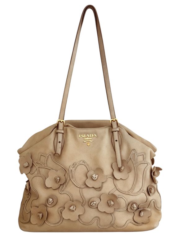 PRADA LARGE LEATHER FLORAL SHOULDER BAG