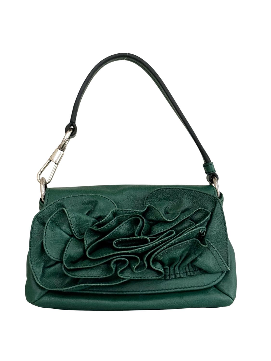 VINTAGE YVES SAINT LAURENT YSL GREEN LEATHER ROSE FLOWER MINI BAG
