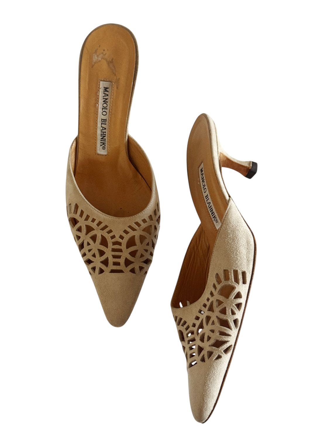 MANOLO BLAHNIK SUEDE LEATHER CUT OUT MULES HEELS / IT 37