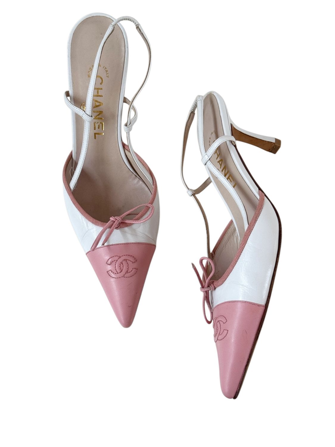 CHANEL VINTAGE WHITE AND PINK LEATHER CC SLINGBACK HEELS / IT 39.5
