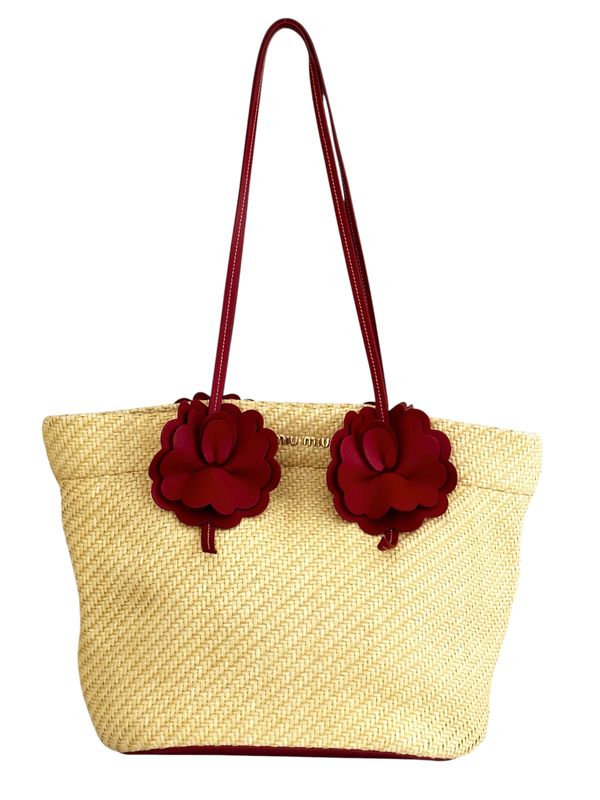 MIU MIU LARGE RAFFIA AND LEATHER FLORAL BEACH TOTE BAG WITH POUCH