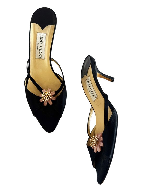 JIMMY CHOO BLACK SATIN FLOWER DETAIL MULES HEELS / IT 38