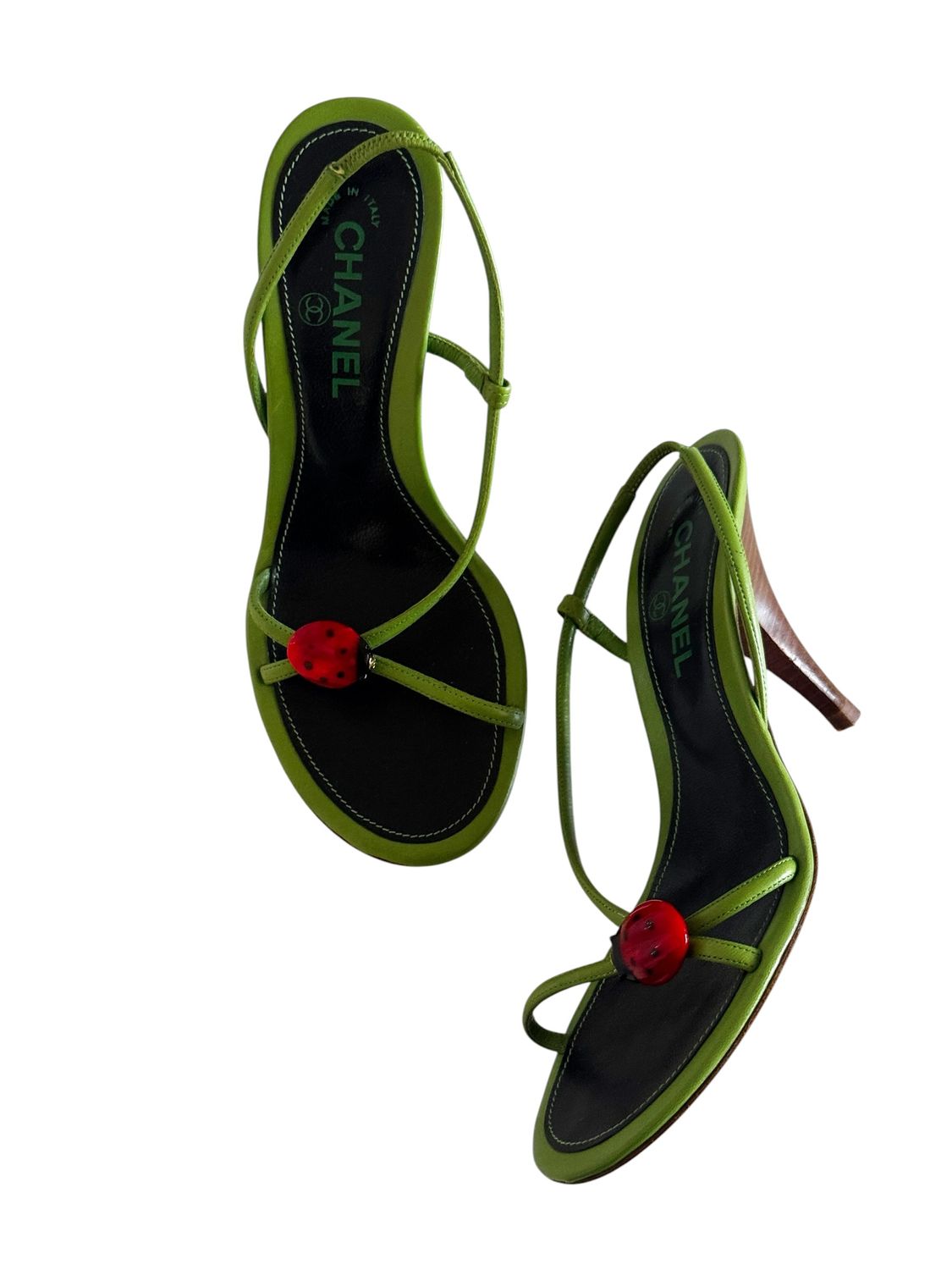 CHANEL CC LADYBUG GREEN LEATHER HEELS / IT 38