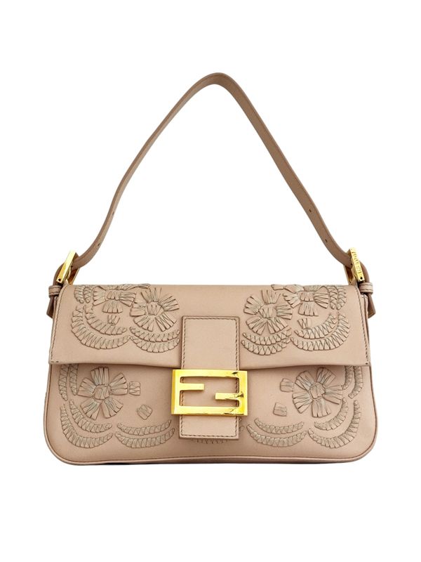 FENDI VINTAGE PINK WHIPSTITCH FLORAL LEATHER BAGUETTE SHOULDER BAG