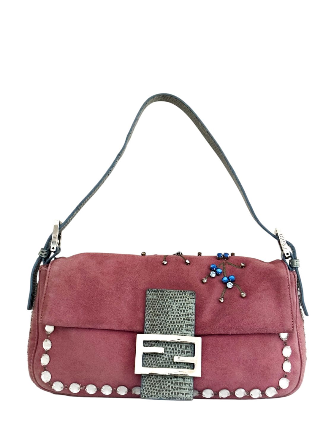 FENDI VINTAGE PINK SUEDE FLORAL JEWELED EXOTIC TRIM BAGUETTE SHOULDER BAG