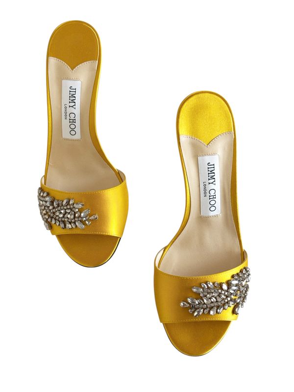 JIMMY CHOO YELLOW SATIN RHINESTONE FLOWER DETAIL MULES HEELS / IT 37