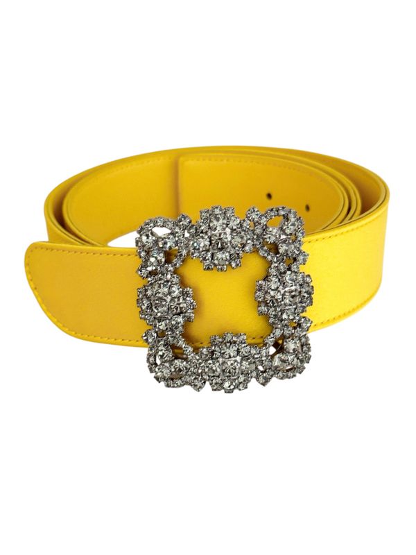 MANOLO BLAHNIK YELLOW SATIN RHINESTONE FLOWER DETAIL BELT