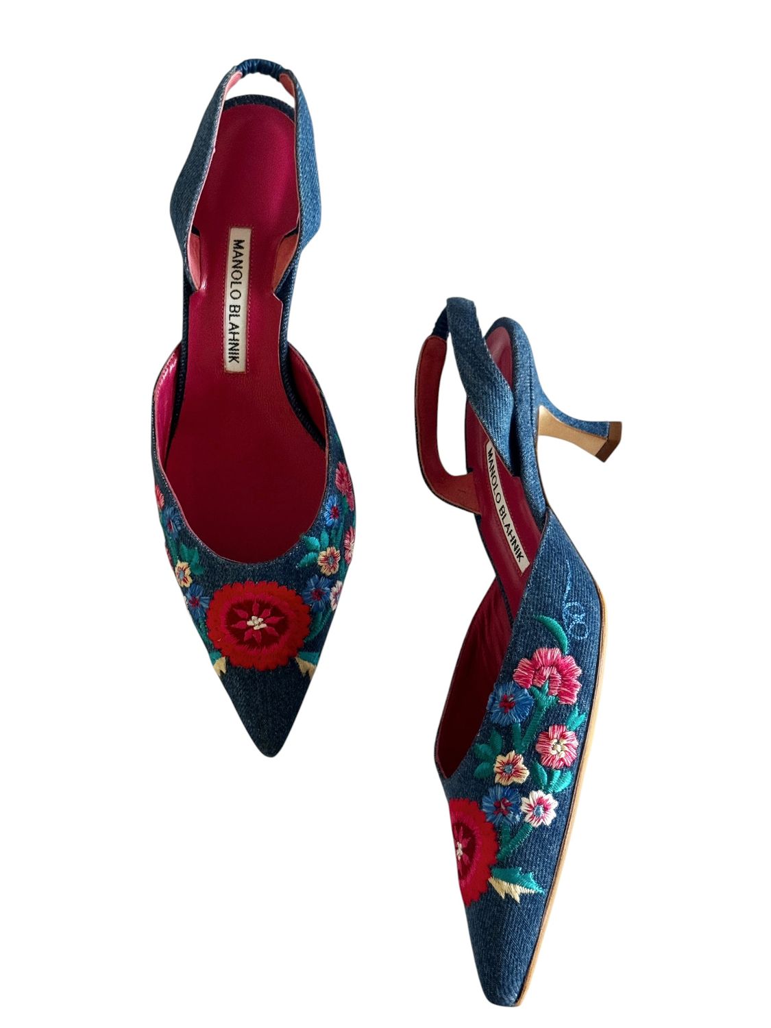 MANOLO BLAHNIK DENIM FLORAL EMBROIDERED MULES HEELS / IT 39