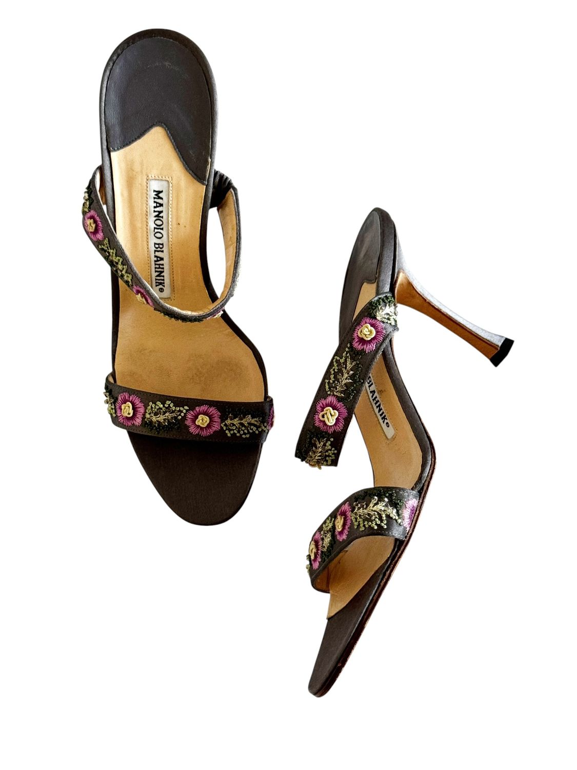 MANOLO BLAHNIK SATIN EMBROIDERED FLORAL MULES HEELS / IT 38.5