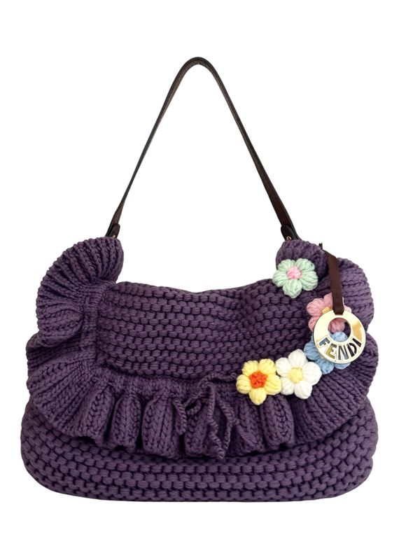 FENDI VINTAGE ARCHIVAL Y2K CROCHET FLORAL RUFFLE KNIT CHEF BAG