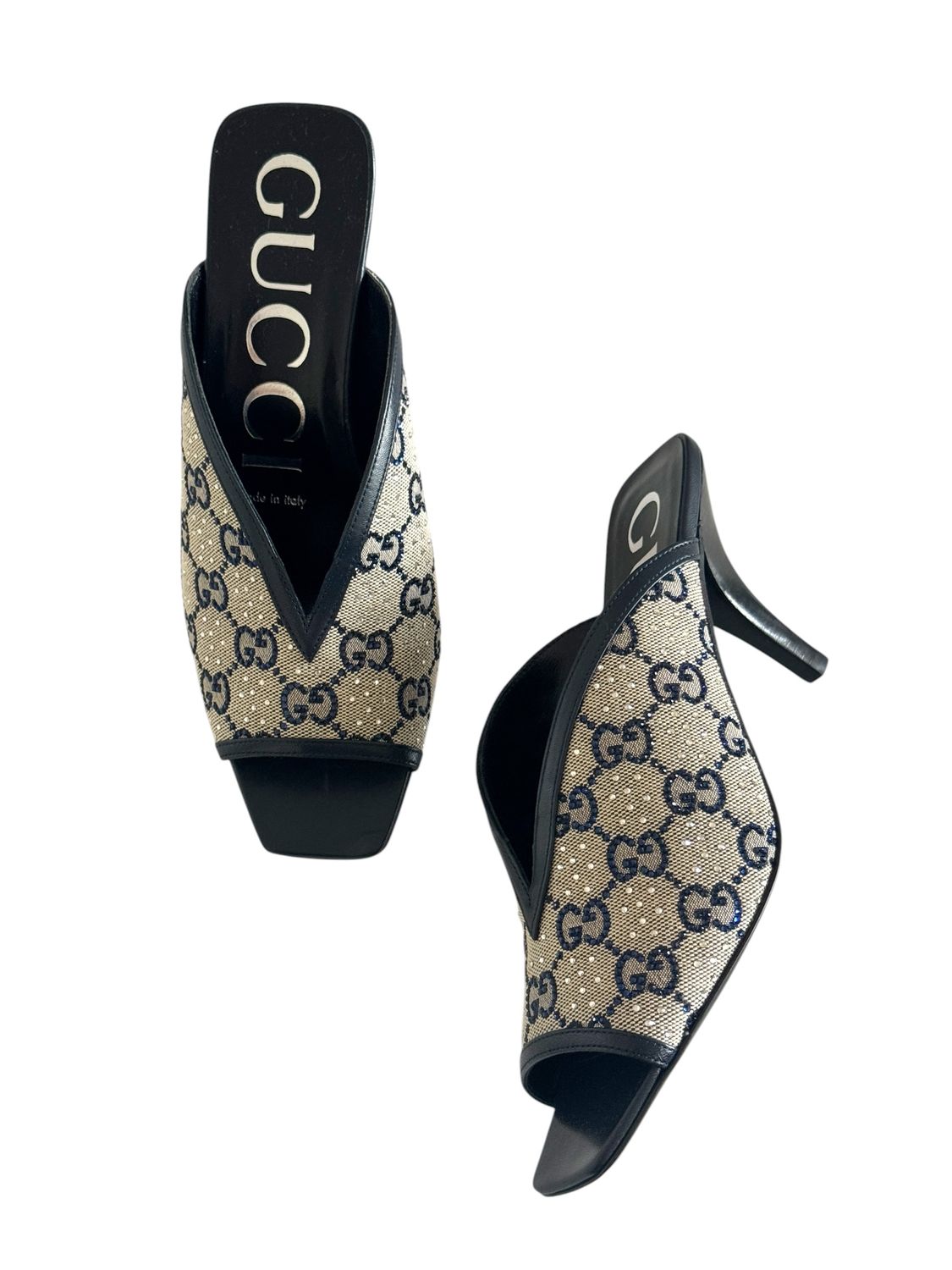 GUCCI CRYSTAL HORSEBIT BLACK SUEDE MULES HEELS IT 37.5 /  US 7.5