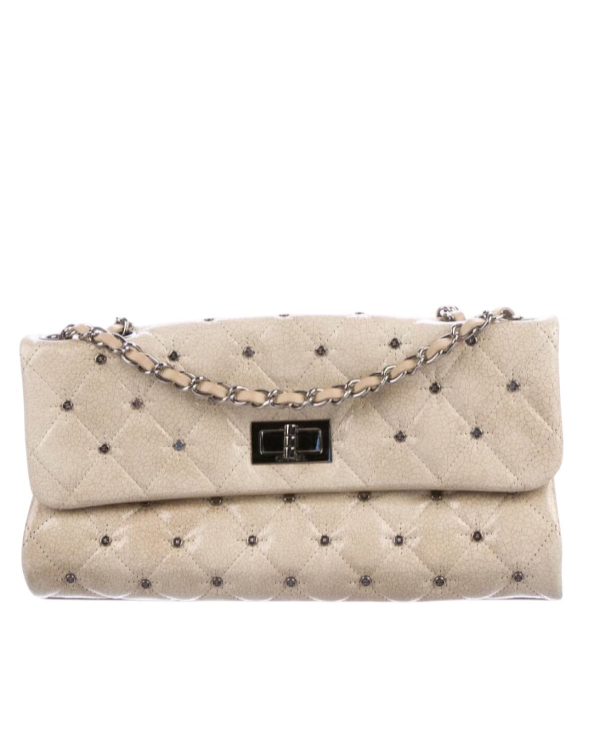 CHANEL CC STUDS REISSUE BEIGE PATENT LEATHER FLAP SHOULDER BAG