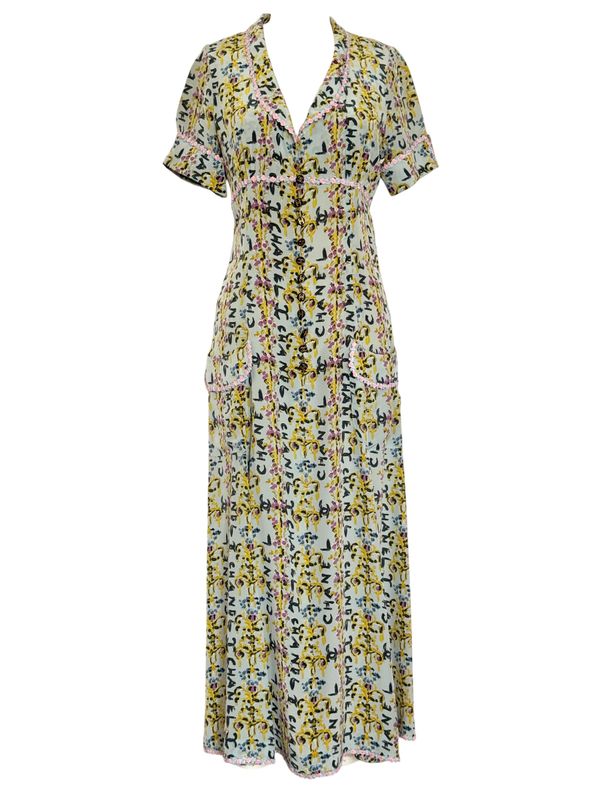 CHANEL 1990'S FLORAL PRINT CC BUTTONS MAXI DRESS