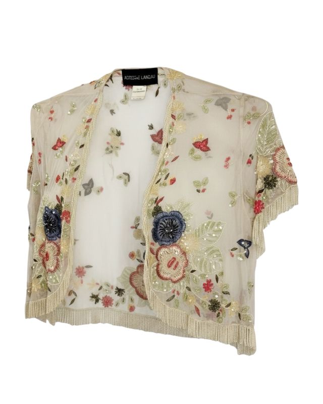 ADRIENNE LANDAU VINTAGE FLORAL BEADED FRINGE SILK CROP JACKET