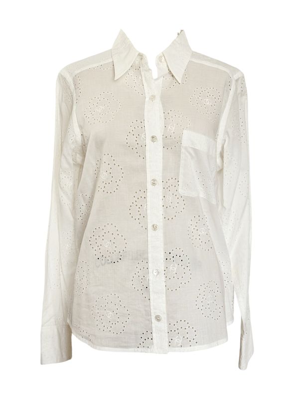 CHANEL 08P CC LOGO EMBROIDERED FLOWER BUTTON DOWN SHIRT