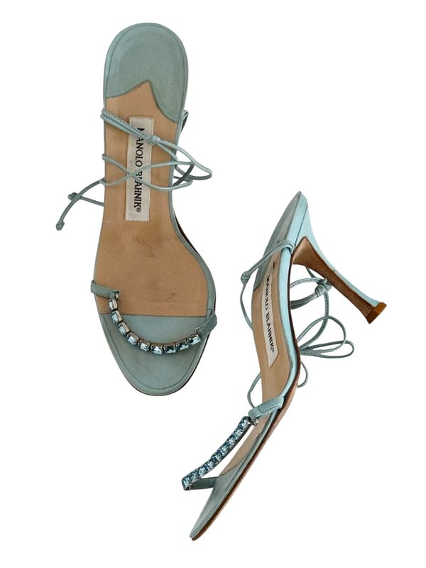 MANOLO BLAHNIK BLUE LEATHER CRYSTAL WRAP HEELS / IT 37.5