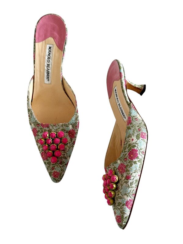 MANOLO BLAHNIK ROSEBUD FLORAL PRINT HEELS / IT 37.5
